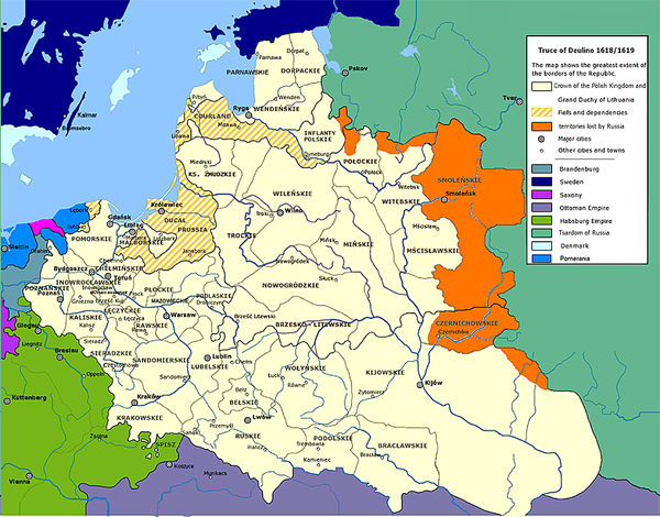 Rzeczpospolita w po zawarciu rozejmu w Dywilinie, kolorem pomarańczowym zaznaczono terytoria oddane Rzeczypospolitej przez Cesarstwo Rosyjskie 